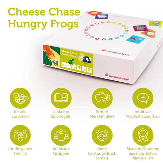 Lernspiel „Cheese Chase | Hungry Frogs“ 2-in-1 Sprachspiel für Kinder ab 4 Jahren | Englisch & Deutsch spielerisch lernen