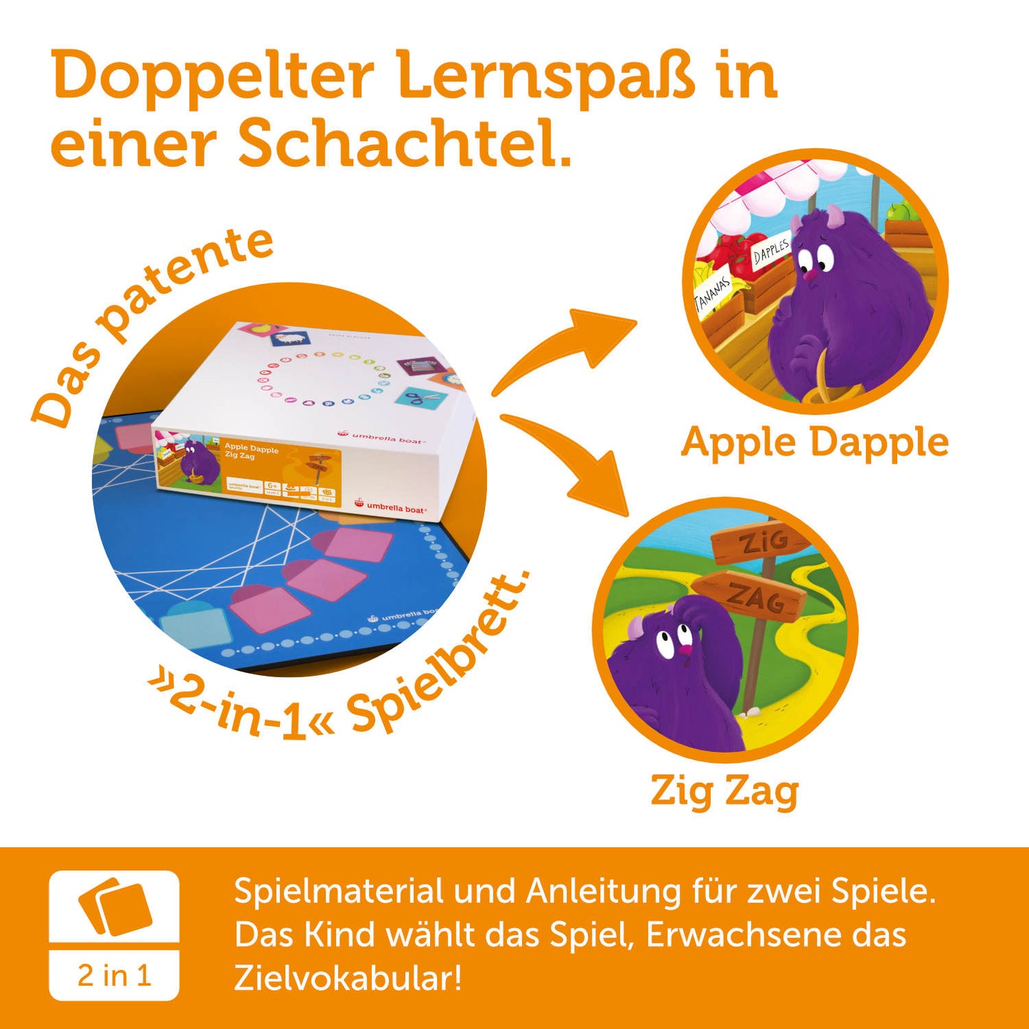 Lernspiel „Apple Dapple | Zig Zag“ 2-in-1 Sprachspiel für Kinder ab 6 Jahren | Englisch & Deutsch spielerisch lernen