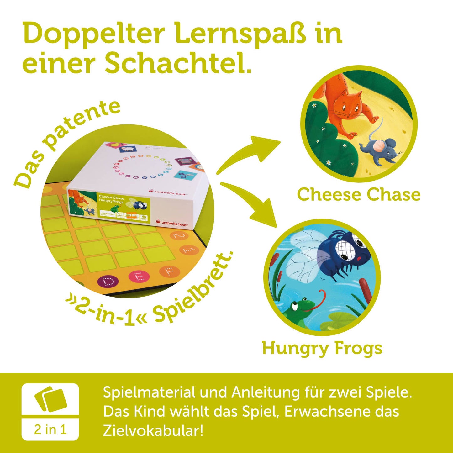 Lernspiel „Cheese Chase | Hungry Frogs“ 2-in-1 Sprachspiel für Kinder ab 4 Jahren | Englisch & Deutsch spielerisch lernen