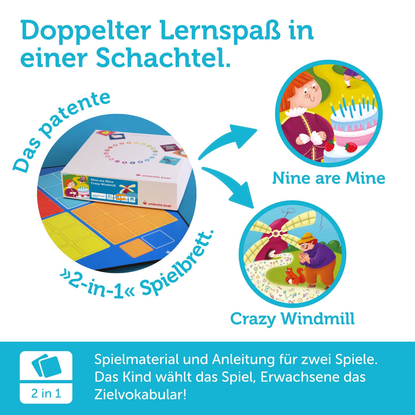 Lernspiel „Nine are Mine | Crazy Windmill“ 2-in-1 Sprachspiel für Kinder ab 8 Jahren | Englisch & Deutsch spielerisch lernen