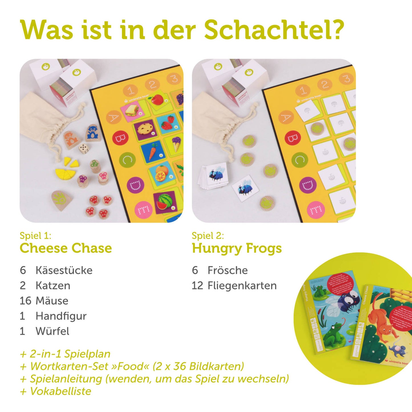 Lernspiel „Cheese Chase | Hungry Frogs“ 2-in-1 Sprachspiel für Kinder ab 4 Jahren | Englisch & Deutsch spielerisch lernen