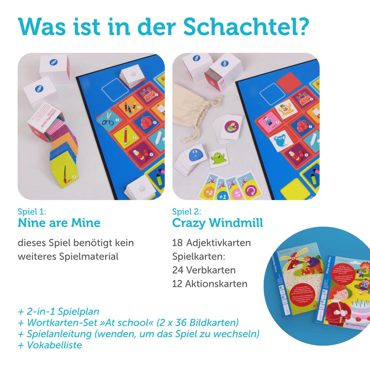 Lernspiel „Nine are Mine | Crazy Windmill“ 2-in-1 Sprachspiel für Kinder ab 8 Jahren | Englisch & Deutsch spielerisch lernen
