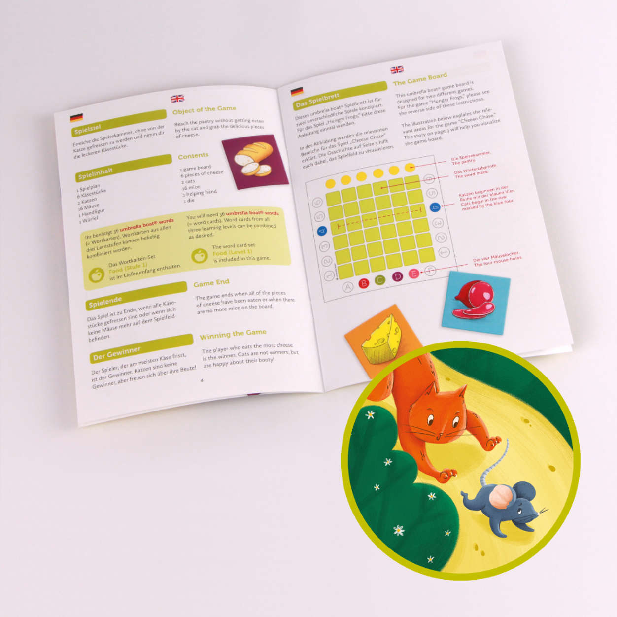 Lernspiel „Cheese Chase | Hungry Frogs“ 2-in-1 Sprachspiel für Kinder ab 4 Jahren | Englisch & Deutsch spielerisch lernen