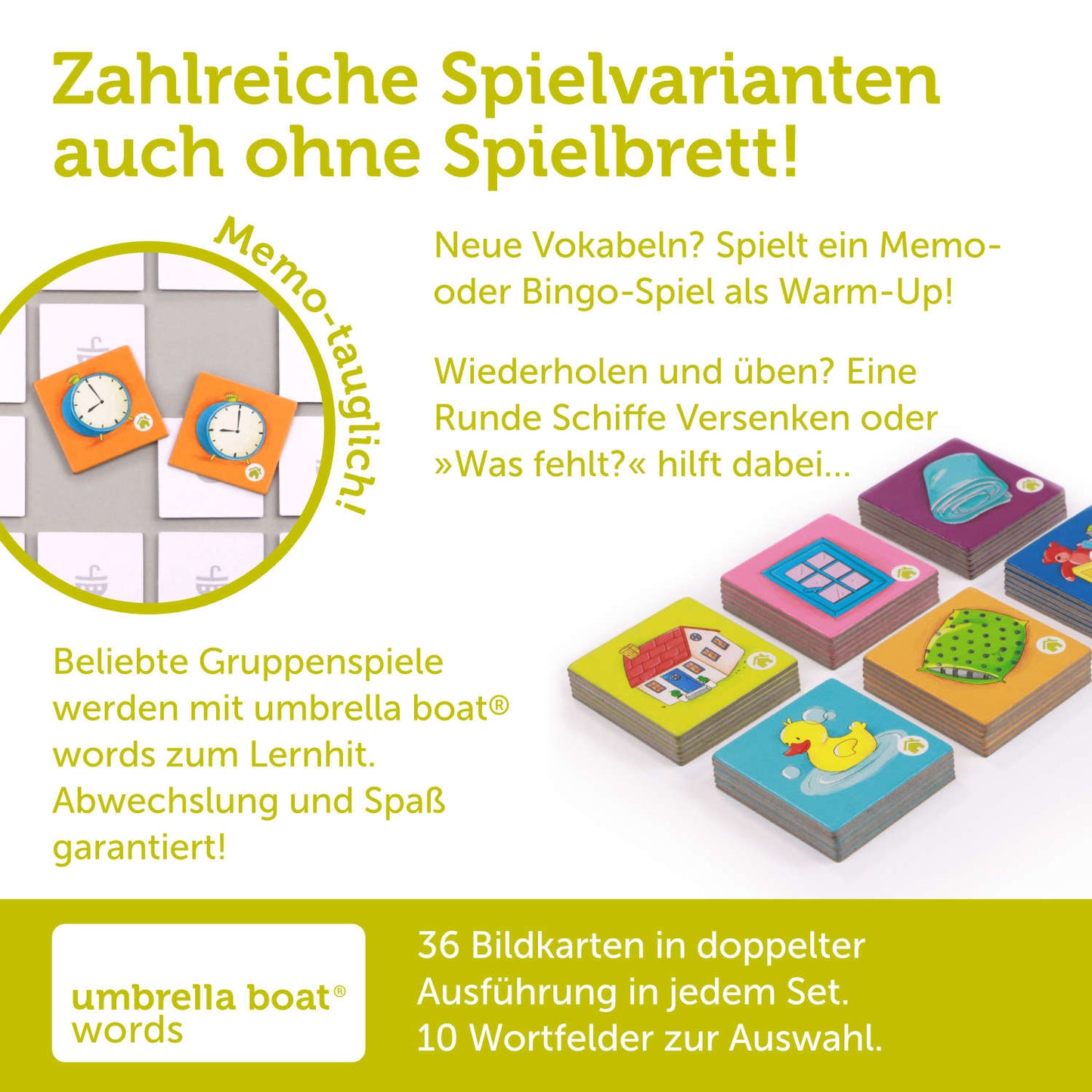 Bildkarten-Set „Around the house 1“ – Wörter rund ums Zuhause spielerisch lernen | geeignet als eigenständiges Memo- oder Bingospiel | Kompatibel mit allen umbrella boat® Lernspielen
