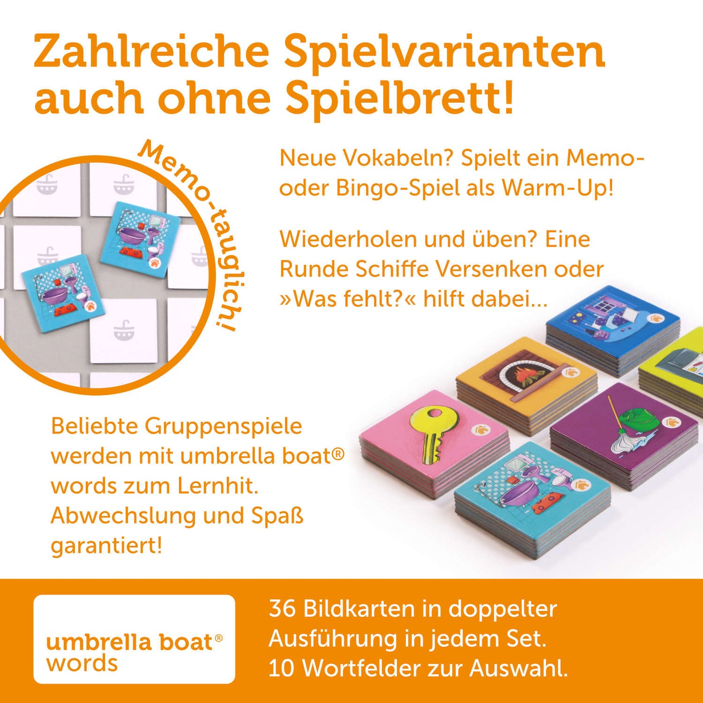 Bildkarten-Set „Around the house 2“ - fortgeschrittene Wörter rund ums Zuhause lernen | geeignet als eigenständiges Memo- oder Bingospiel | Kompatibel mit allen umbrella boat® Lernspielen