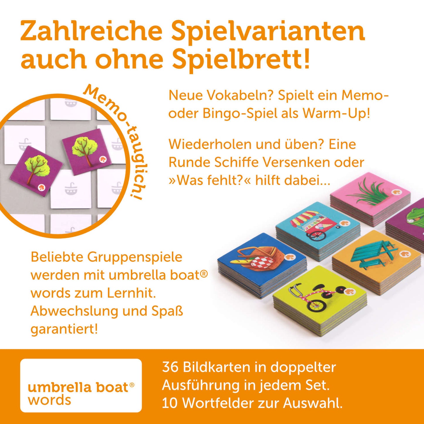 Bildkarten-Set „At the park“ - Wörter aus dem Park spielerisch lernen | geeignet als eigenständiges Memo- oder Bingospiel | Kompatibel mit allen umbrella boat® Lernspielen