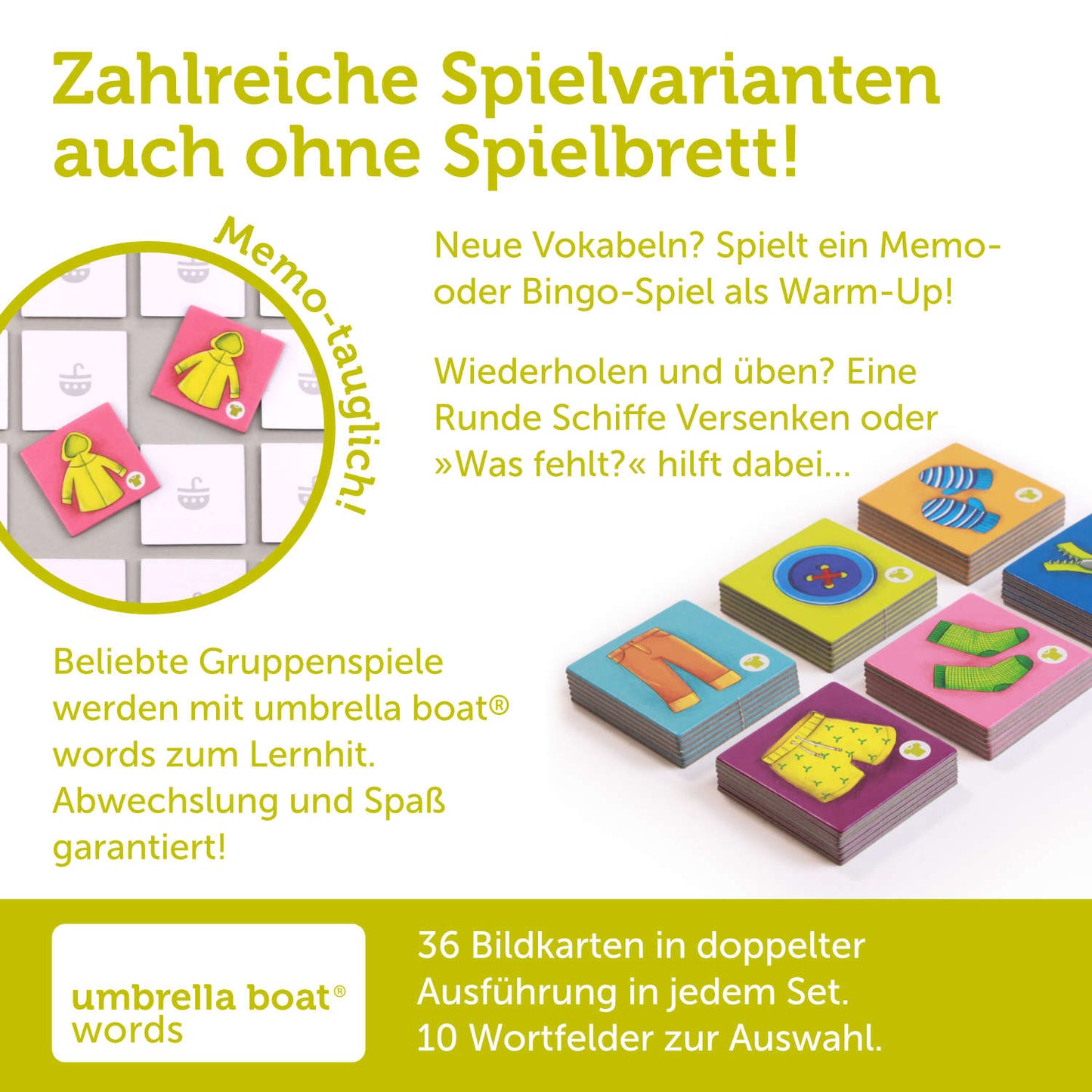 Bildkarten-Set „Clothing“ – Kleidung spielerisch lernen | geeignet als eigenständiges Memo- oder Bingospiel | Kompatibel mit allen umbrella boat® Lernspielen