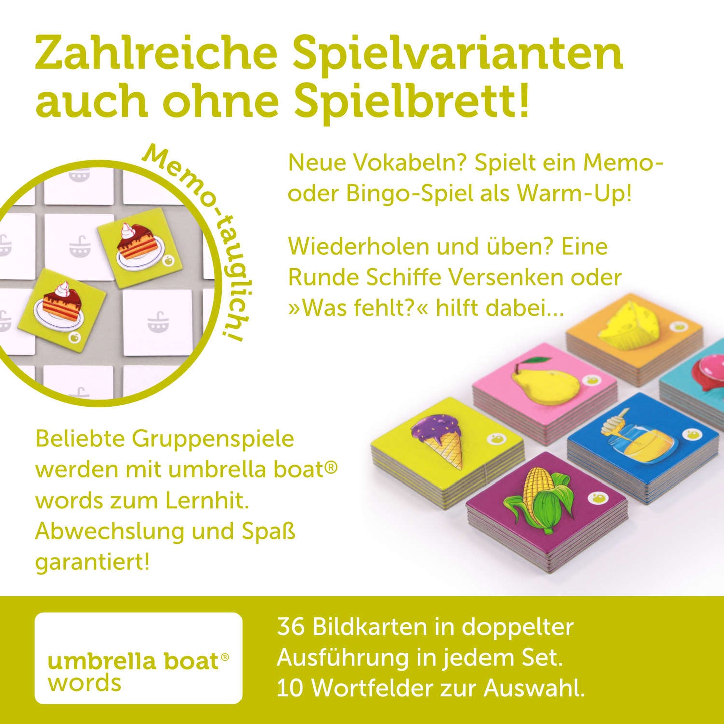 Bildkarten-Set „Food“ – Essen spielerisch lernen | geeignet als eigenständiges Memo- oder Bingospiel | Kompatibel mit allen umbrella boat®  Lernspielen