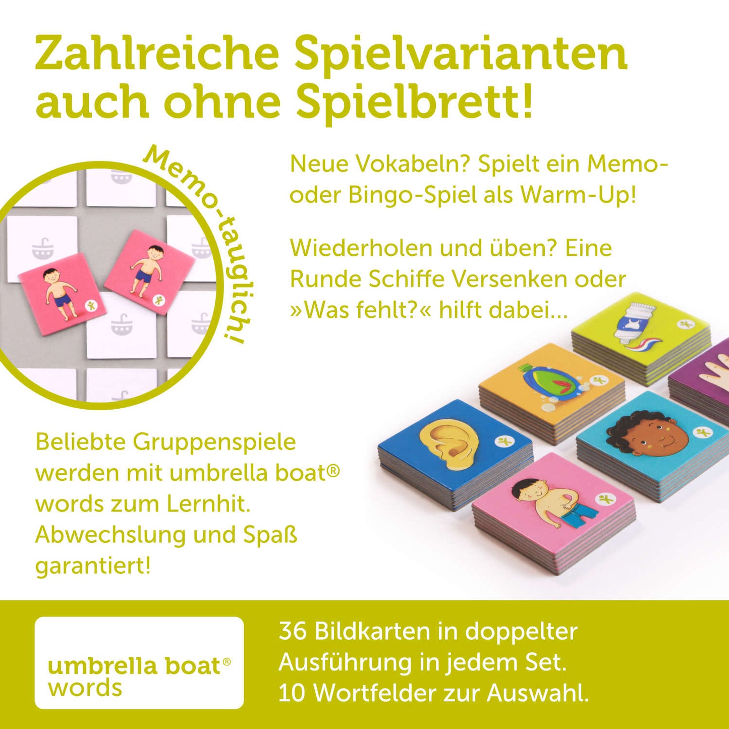 Bildkarten-Set „My body“ – Körperteile spielerisch lernen | geeignet als eigenständiges Memo- oder Bingospiel | Kompatibel mit allen umbrella boat® Lernspielen