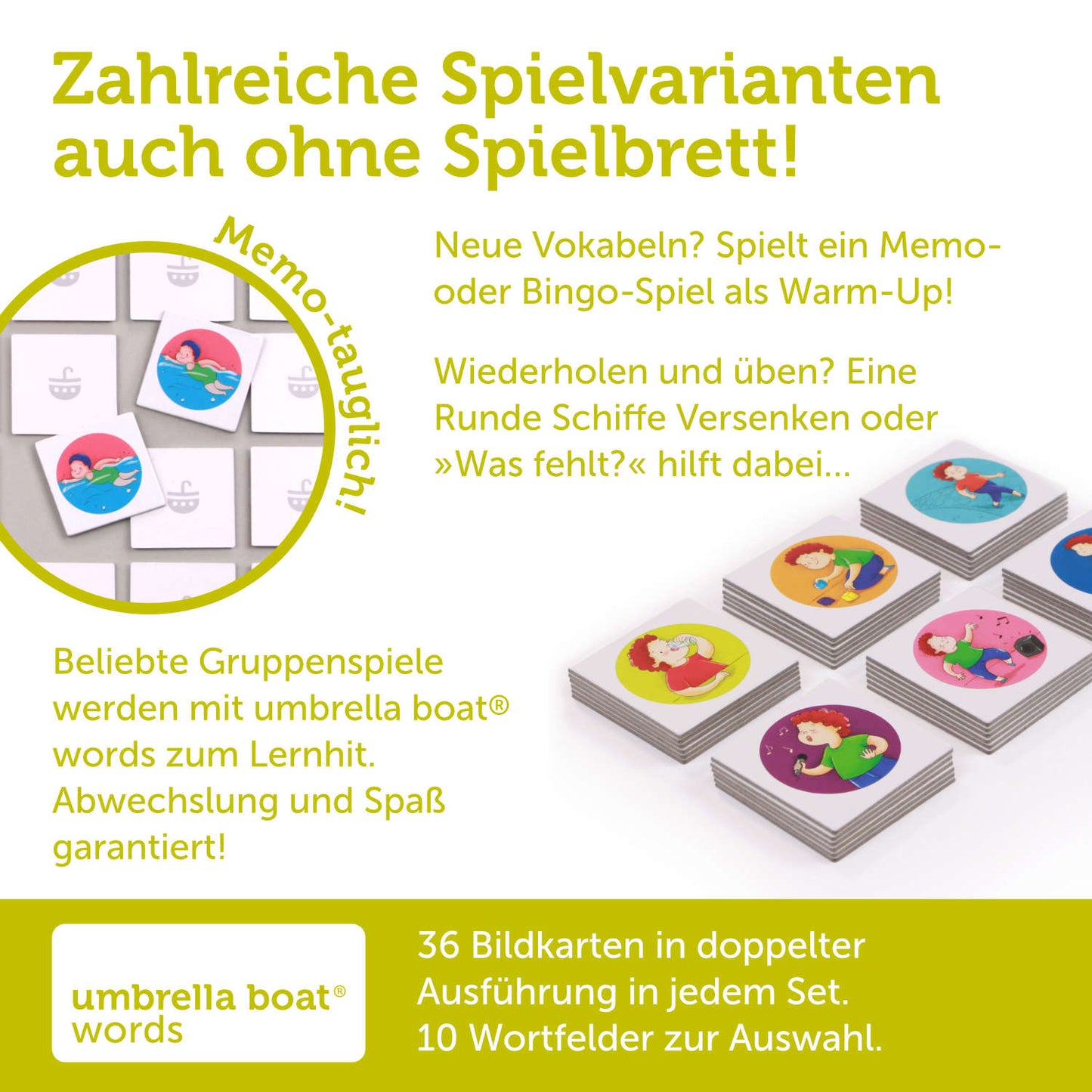 Bildkarten-Set „Verbs“ – Verben spielerisch lernen | geeignet als eigenständiges Memo- oder Bingospiel | Kompatibel mit allen umbrella boat® Lernspielen